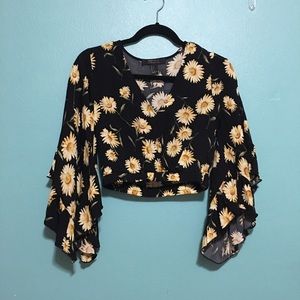Forever 21 sunflower flared long sleeve crop top